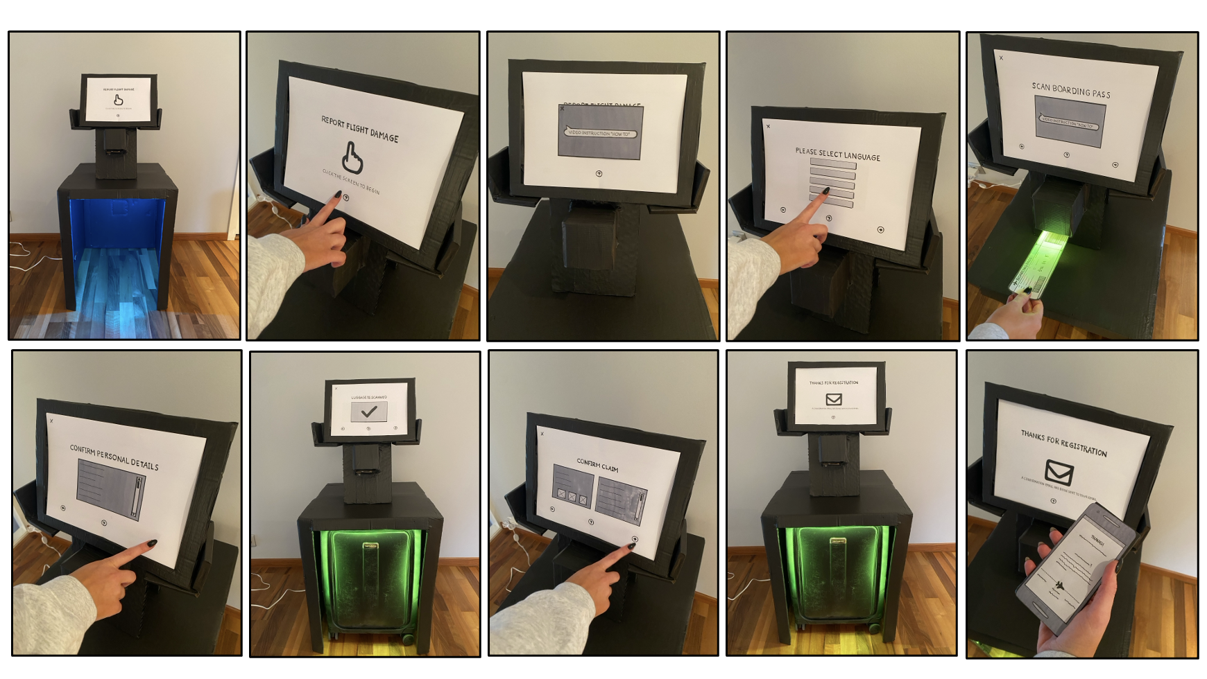 Low-fidelity cardboard prototype of a baggage scanning system with an integrated touch screen interface for reporting damaged luggage.