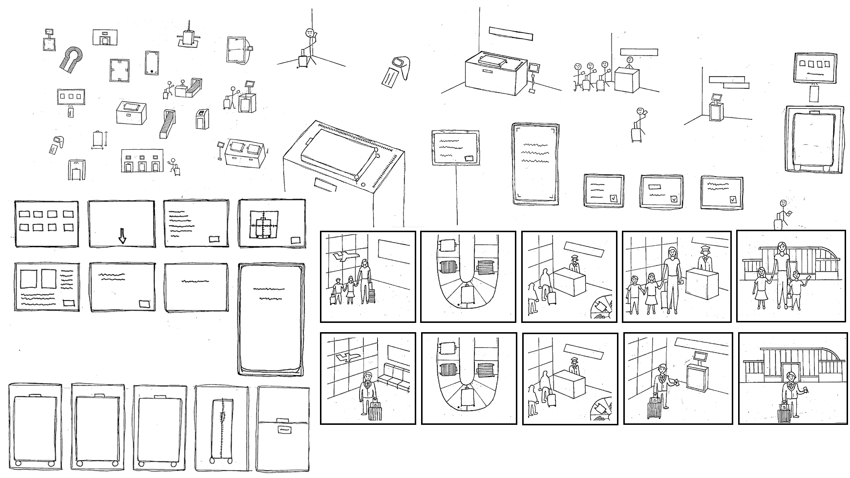 Early sketches, concept development, and storyboard for a baggage damage reporting service.