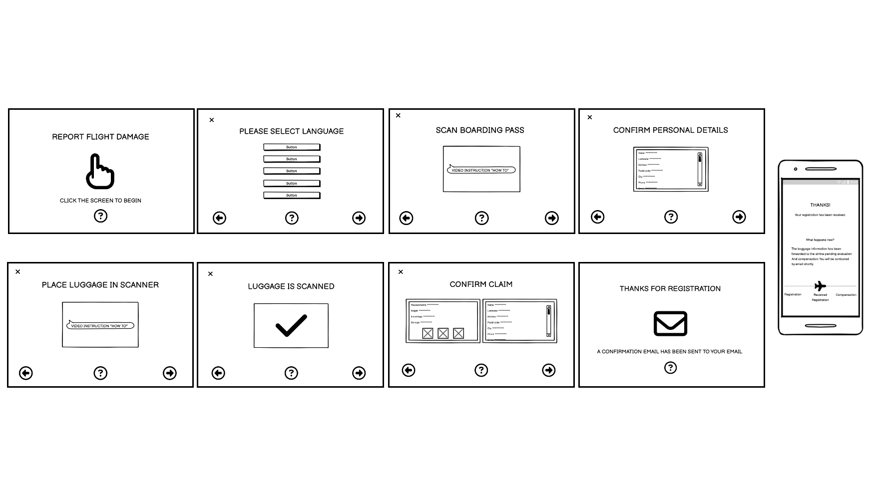Balsamiq wireframes illustrating the layout and user flow of a baggage damage reporting service.