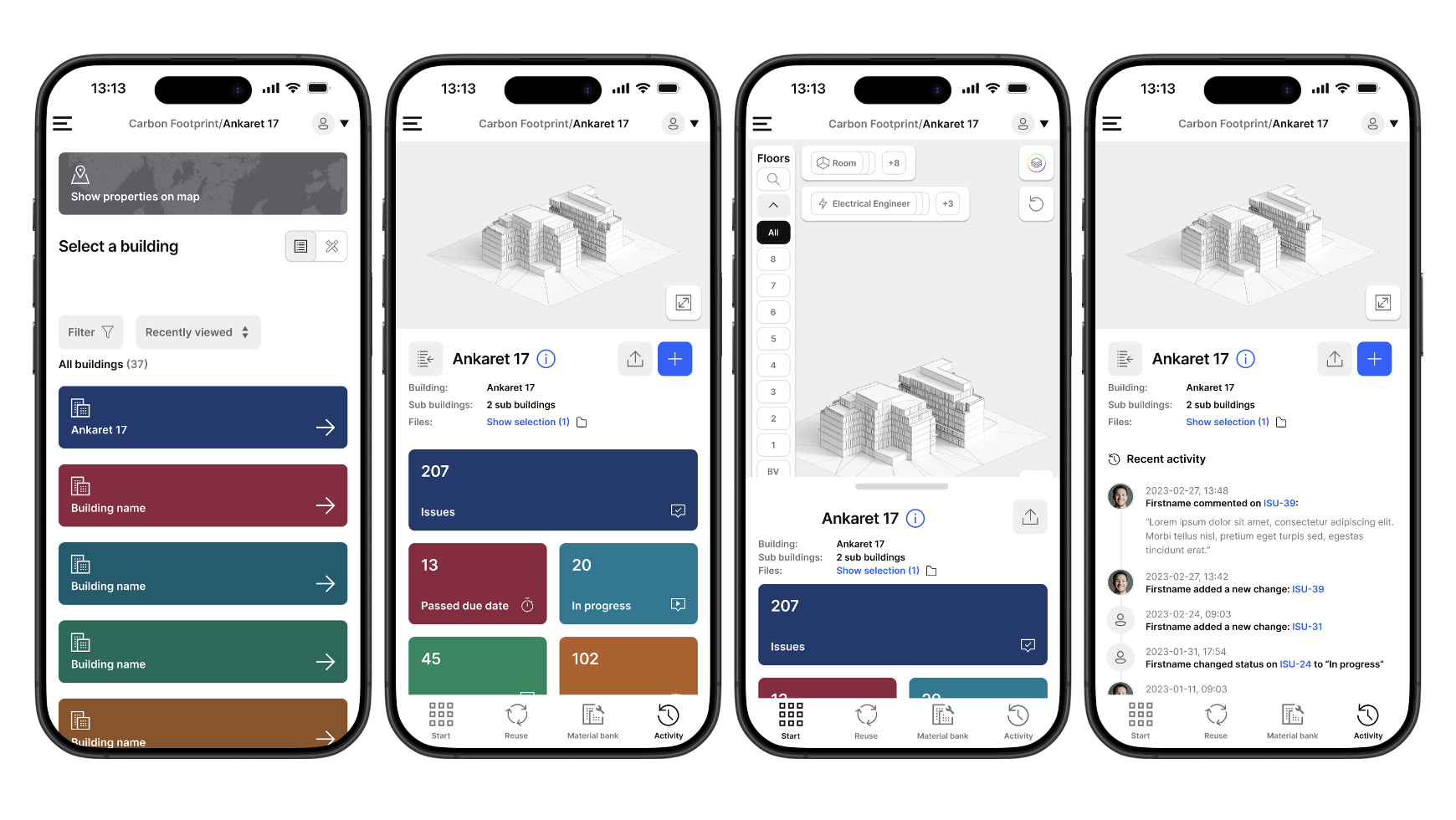High-fidelity interactive prototype in Figma showing the final user interface design for a BIM-based carbon footprint application, including interactive flows and refined UI elements.