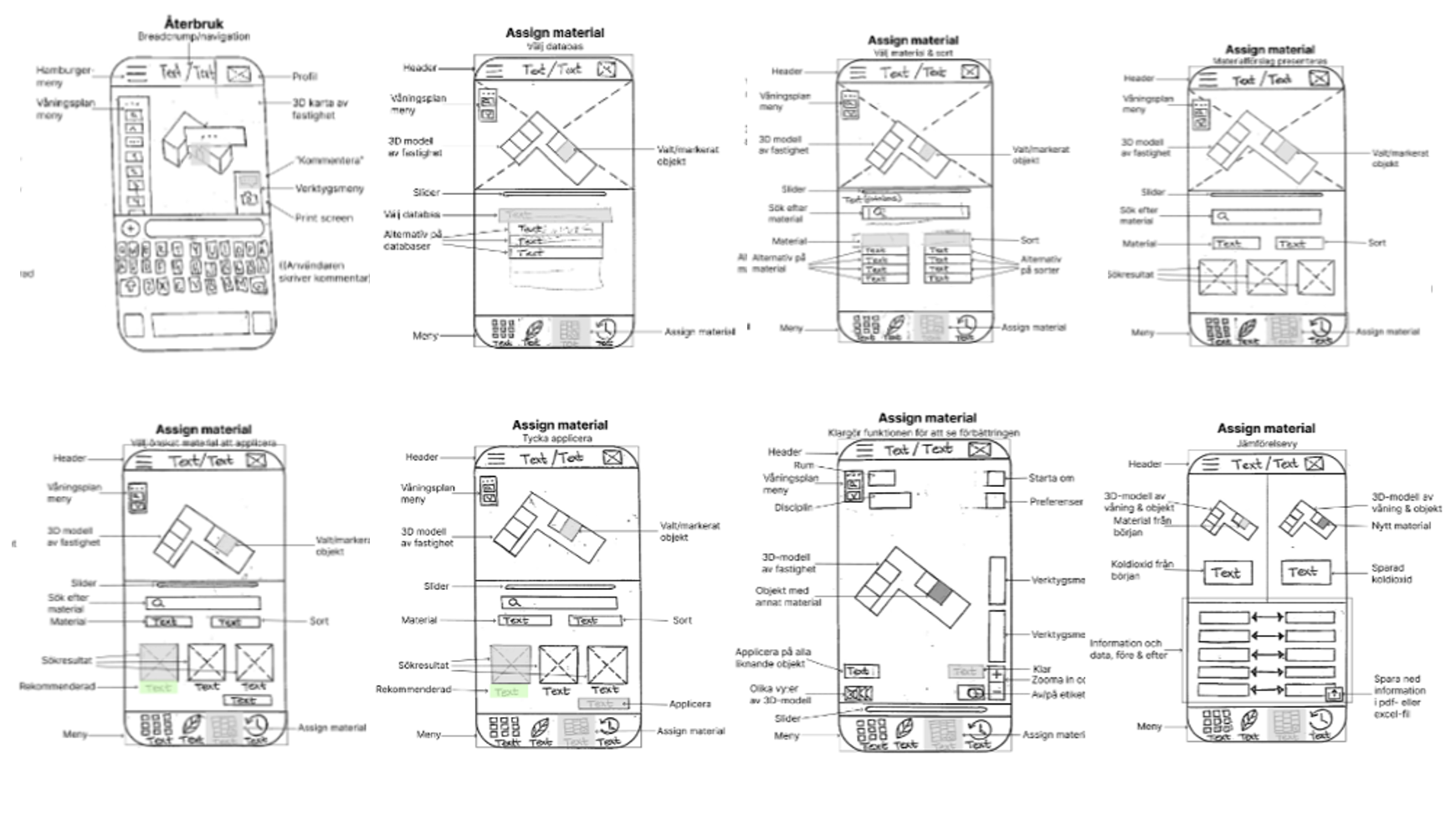 Hand-drawn low-fidelity paper prototype sketches exploring user flow and interaction design for a BIM-based carbon footprint application.